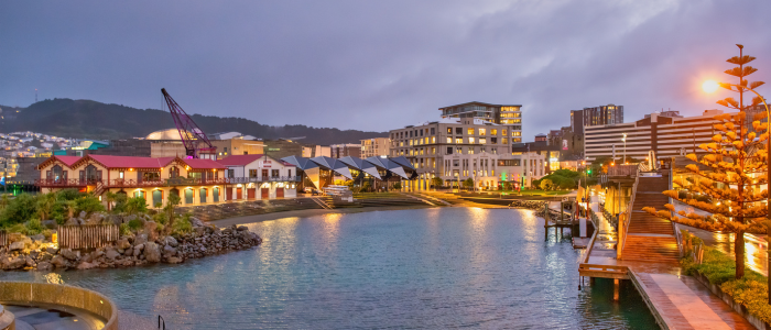 View across Whairepo Lagoon to the Boatshed and Karaka Cafe in Wellington